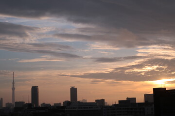 Fototapeta na wymiar 東京の街の夜明けと建物のシルエット茜色に染まる空