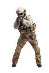 American soldier in military equipment with a rifle attacks on a white background, a commando with weapons in uniform, a ranger in action