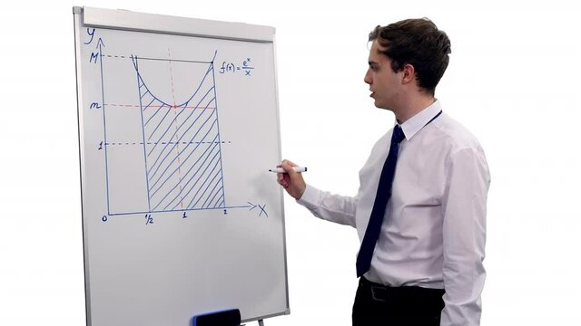 Clever student writing and explaining math formula on board, Full HD footage with alpha transparency channel isolated on white background