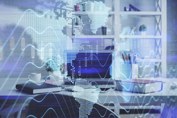 Double exposure of financial graph drawing and office interior background. Concept of stock market.