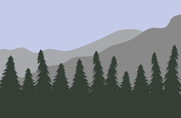 Vector flat cartoon landscape with spruce tree forest and mountains