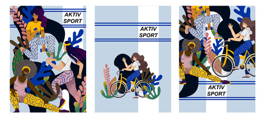Active sports and fitness. Cycling, dumbbell exercises and jogging. Neutral color scheme and flat simple design.