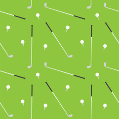 Vector seamless pattern of flat cartoon golf ball and stick isolated on green background