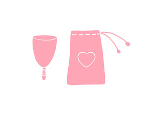 Vector hand drawn doodle sketch pink menstrual cup and bag isolated on white background