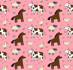 Vector seamless pattern of different hand drawn doodle sketch farm domestic animals isolated on pink background