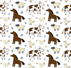 Vector seamless pattern of colored hand drawn doodle sketch farm domestic animals isolated on white background