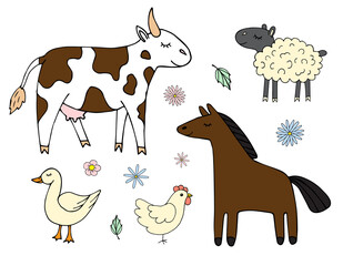 Vector set bundle of colored hand drawn doodle sketch farm domestic animals isolated on white background