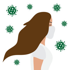 Vector flat cartoon woman girl profile in face medical mask with coronavirus COVID-19 cells isolated on white background