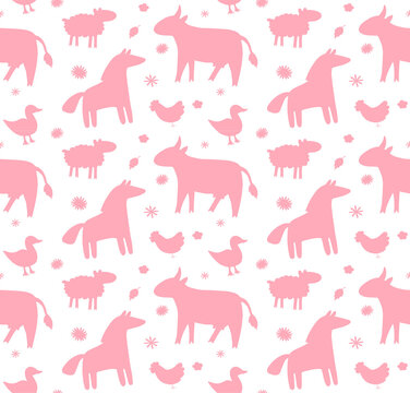 Vector seamless pattern of pink hand drawn doodle farm domestic animals silhouette isolated on white background