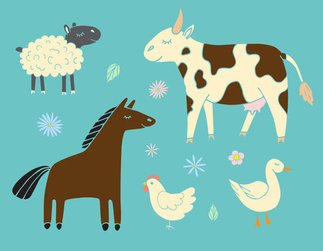 Vector set bundle of different colored hand drawn doodle sketch farm domestic animals isolated on blue background