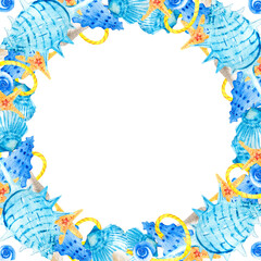 Watercolor square frames with sea shells, stars and snails on a white background. Marine composition illustration. Clipart for hand-drawn postcard design template