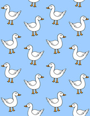Vector seamless pattern of white hand drawn doodle sketch duck isolated on blue background