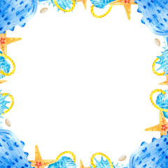 Watercolor square frames with sea shells, stars and snails on a white background. Marine composition illustration. Clipart for hand-drawn postcard design template