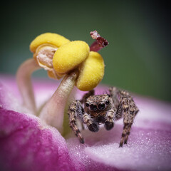 Jumping spider under the pistils of a violet