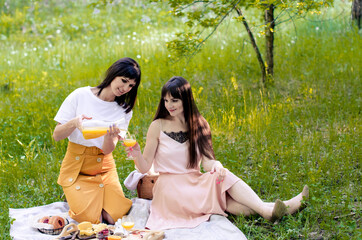 Two girls having picnic in park on sunny day