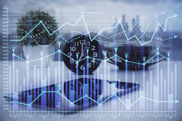 Double exposure of forex graph drawing and cell phone background. Concept of financial data analysis