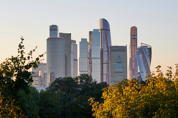 Evening view of the Moscow City Business Center from the side of the Novodevichy Convent