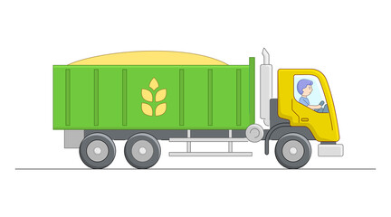 Vector Illustration Of Green And Yellow Tipper With Driver Character. Linear Cartoon Composition On White Background. Outline Rural Farm Object Transporting Goods. Wheat Transportation With Dump Truck © Intpro