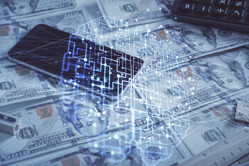 Double exposure of brain drawing over us dollars bill background. Technology concept.
