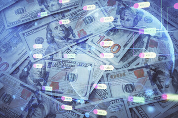 Double exposure of data theme drawing over us dollars bill background. Technology concept.