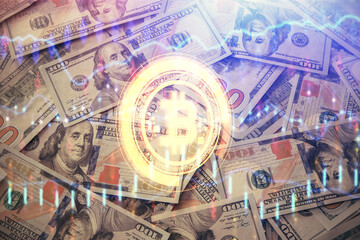 Multi exposure of crypto theme drawing over us dollars bill background. Concept of blockchain success.