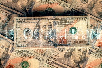 Multi exposure of crypto theme drawing over us dollars bill background. Concept of blockchain success.