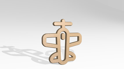 aircraft military plane casting shadow with two lights. 3D illustration of metallic sculpture over a white background with mild texture. airplane and airport