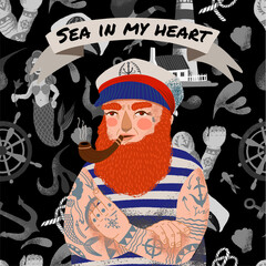 A sailor in a captain's cap is smoking a pipe. The captain with a red beard, in a vest, looks like a boatswain.