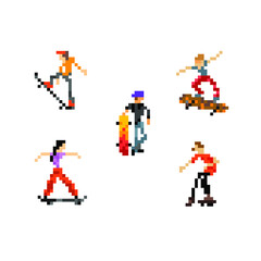 Collection of color images of cool skaters with skateboards in various dynamic poses. All images are made in the pixel art style.