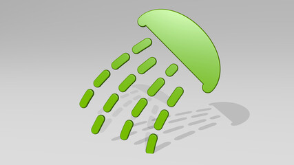 BATHROOM SHOWER SYMBOL from a perspective with the shadow. A thick sculpture made of metallic materials of 3D rendering. background and illustration