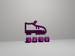 3D illustration of shoe graphics and text made by metallic dice letters for the related meanings of the concept and presentations. background and shoes