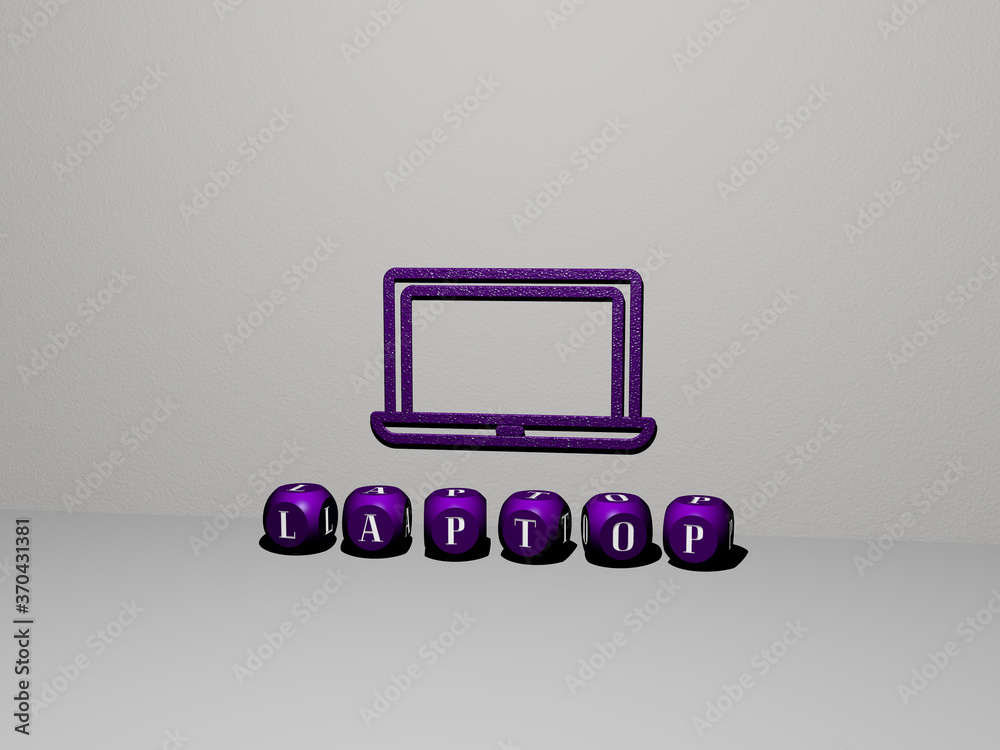 Fototapete 3D illustration of laptop graphics and text made by metallic dice letters for the related meanings of the concept and presentations. computer and business