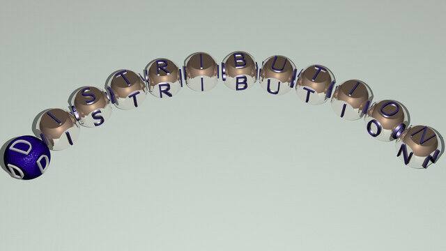 crosswords of DISTRIBUTION arranged by cubic letters on a mirror floor, concept meaning and presentation. illustration and business