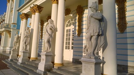 Ancient statues and columns of Catherine Palace located in suburb of St. Petersburg, in city of...