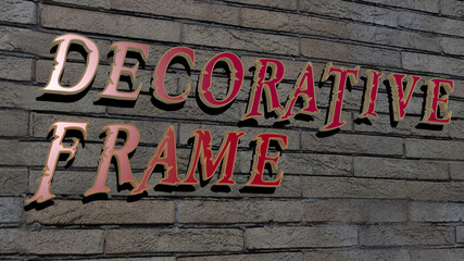 3D representation of DECORATIVE FRAME with icon on the wall and text arranged by metallic cubic letters on a mirror floor for concept meaning and slideshow presentation. background and illustration