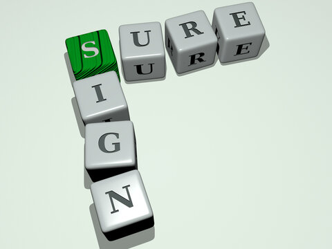 SURE SIGN combined by dice letters and color crossing for the related meanings of the concept. background and illustration
