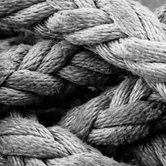Frayed big rope in knots up close in black and white.   Weathered strong old ship rigging in...