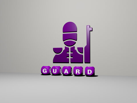 3D illustration of guard graphics and text made by metallic dice letters for the related meanings of the concept and presentations. background and security