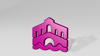 landmark rialto bridge stand with shadow. 3D illustration of metallic sculpture over a white background with mild texture. architecture and city