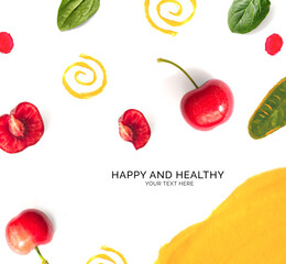 Creative happy and healthy made of Cherry on the white background. Cherry, top view, festive.
