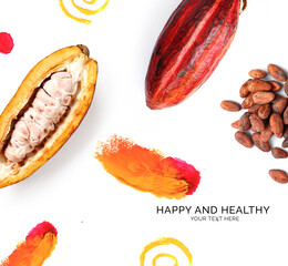 Creative happy and healthy made of Cacao on the white background. Cacao, top view, festive.	