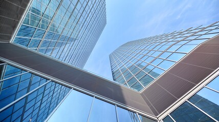 Fototapeta na wymiar Bottom view of glass silhouette of skyscraper. Business building. Skyscraper with glass facade. Modern building in business district. Concepts of economics, financial, future. 