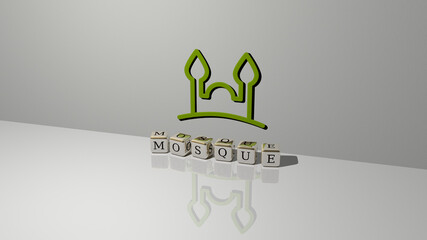 3D illustration of MOSQUE graphics and text made by metallic dice letters for the related meanings of the concept and presentations. architecture and building