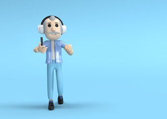 Chico de mediana edad disfrutando de la música  fondo azul