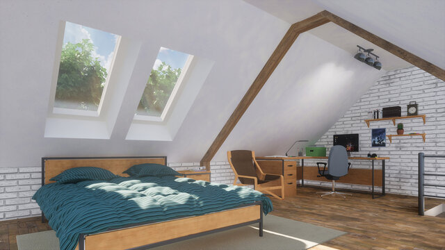 Minimalist Interior Of Modern Bright Flat Apartment On Attic Floor With Double Bed And Small Studio Or Home Office On Background At Daytime. With No People 3D Illustration From My 3D Rendering File.