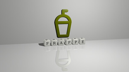 3D graphical image of FRAPPE vertically along with text built by metallic cubic letters from the top perspective, excellent for the concept presentation and slideshows. coffee and beverage