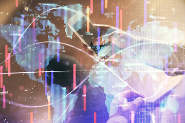 Double exposure of man's hands holding and using a phone and international business theme drawing.