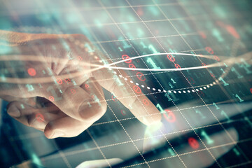 Multi exposure of man's hands holding and using a phone and financial chart drawing. Market analysis concept.