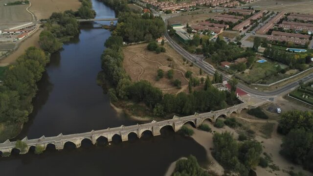 Bridge in Simancas. Valladolid,Spain. Aerial Drone Footage
