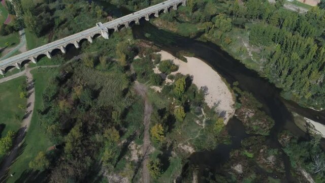 Bridge in river of Salamanca, beautiful city of Spain. Aerial Drone Footage